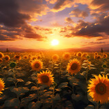 A field of sunflowers under a bright yellow sun