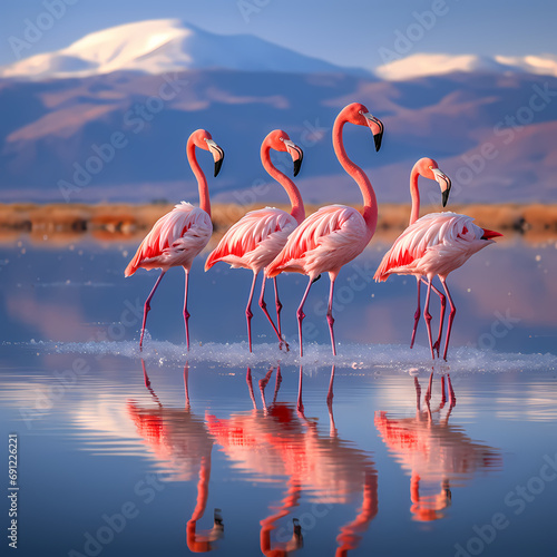 A group of flamingos in a shallow lake
