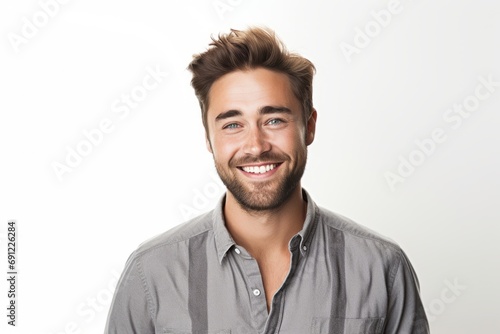 Handsome young man smiling and looking at camera over white background