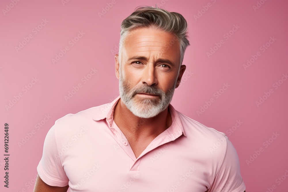 Handsome mature man in pink polo shirt. Isolated over pink background. Handsome mature man in pink polo shirt. Isolated over pink background.