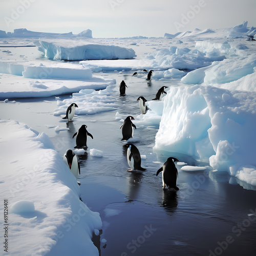 A group of penguins sliding on ice in Antarctica