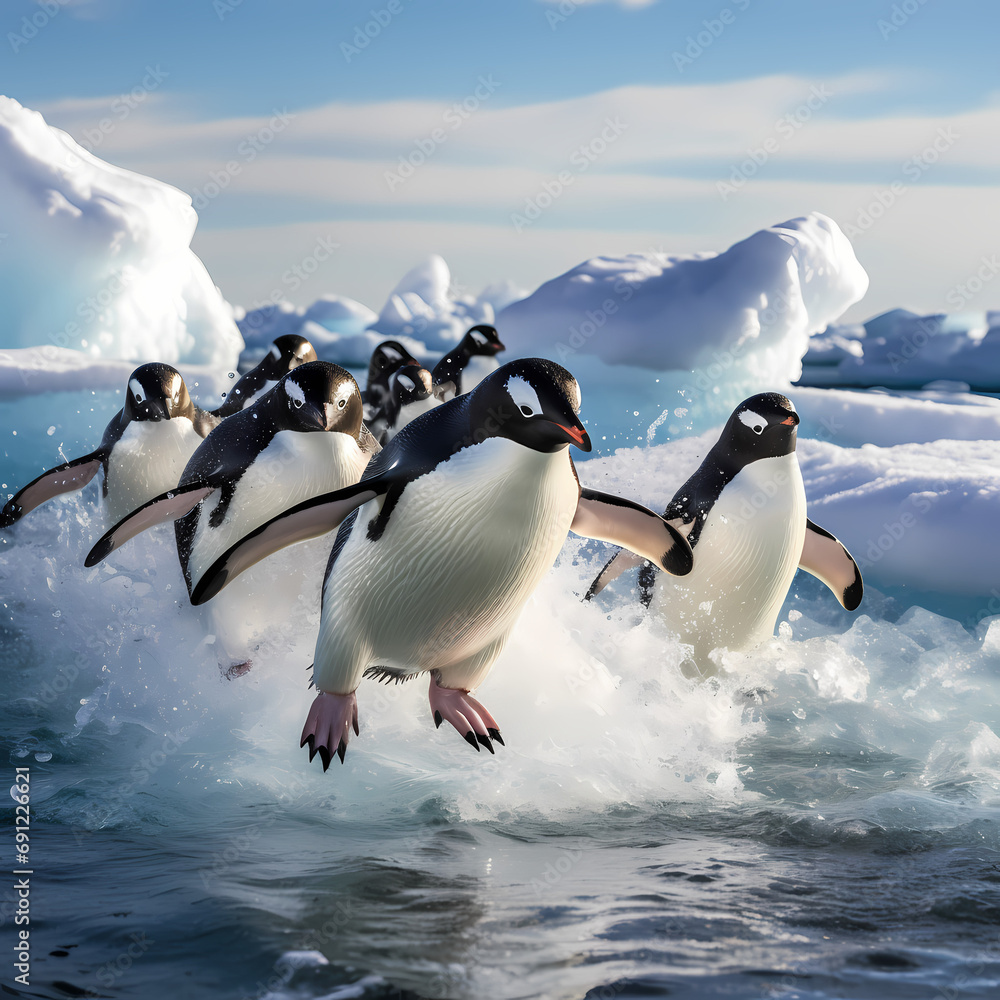 A group of penguins sliding on ice in Antarctica