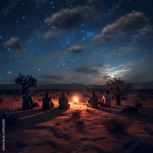 A group of people stargazing in the desert