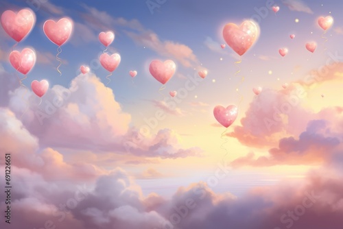 Heart-shaped balloons among clouds during a sunset