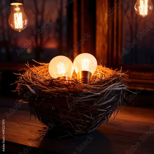 Bird's nest, nestegg of lightbulbs, showing storage and protection of ideas and creativity photo