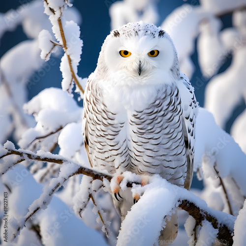 A majestic snowy owl perched on a snow-covered branch