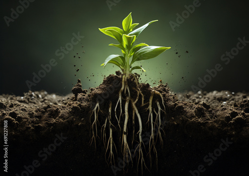 life in the garden. plant in the ground and roots showing