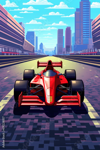 Wallpaper with 8-bit pixel art Formula 1 racing arcade game scene.