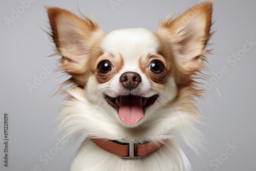happy cute dog with his mouth wide open, Spitz dog portrait. Studio photo. Day light. Concept of care, education, obedience training and raising pets photo