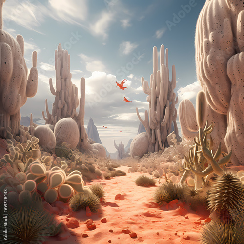 A surreal desert landscape with giant cacti