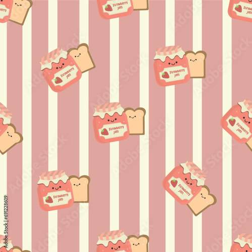 Strawberry jam seamless pattern. Delicious and sweet products kawaii characters pattern