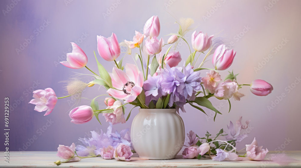 Pastel Paradise with Delicate Lavender and Pink Tulips, Ideal for Serene and Elegant Photography