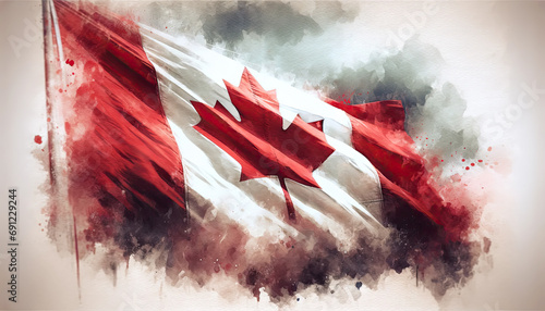 AI watercolor painting a faded national Canadian flag waving with flagpole photo