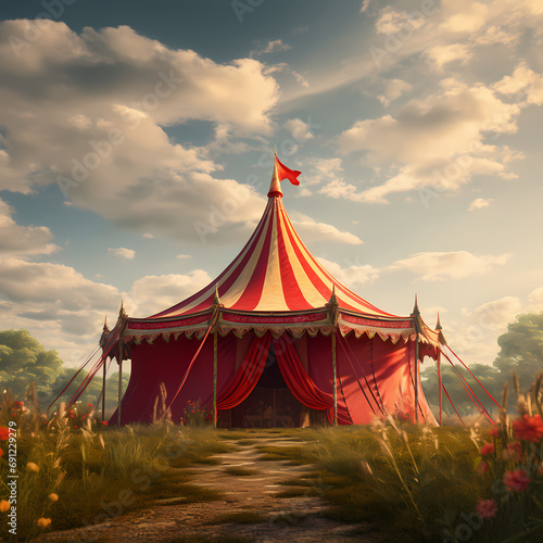 A whimsical circus tent in a field