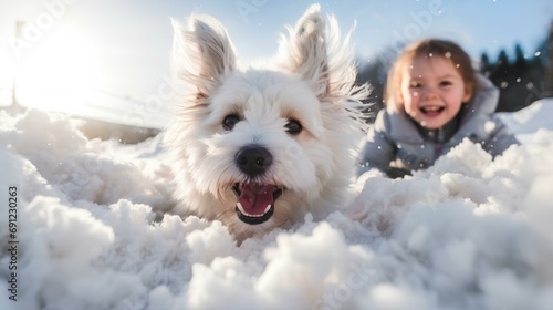 a small dog and a little girl frolic in a pile of snow. The snow glow. a sunny winter day. natural, diffuse sunlight. movement. blur. generative AI photo