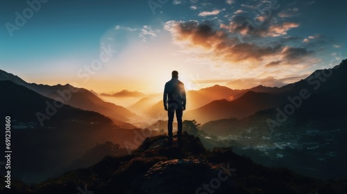 double exposure silhouette photography business male stand and feel happy on the most hight on the mountain, hiking, success, cliff.