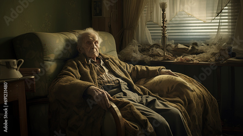 In the Embrace of Time, A Poignant Portrait Unfolds, Capturing the Essence of Aging, Solitude, and Graceful Reflections photo