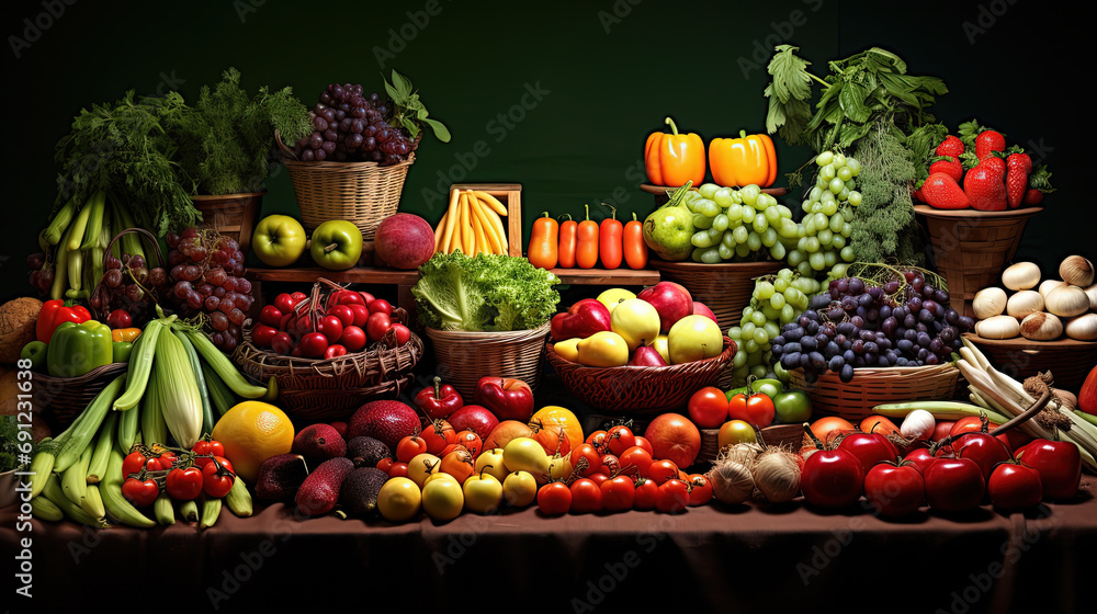 A Vibrant of Fresh, Luscious Fruits and Crisp Vegetables in a Traditional Market Bursting with Colorful Abundance