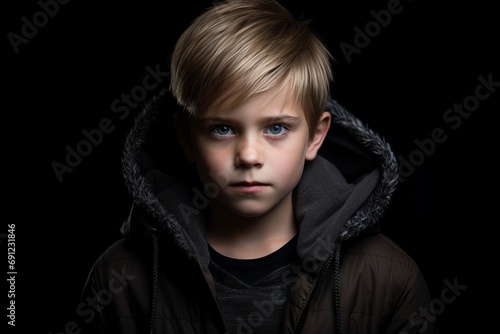 Portrait of a boy in a hooded jacket on a black background
