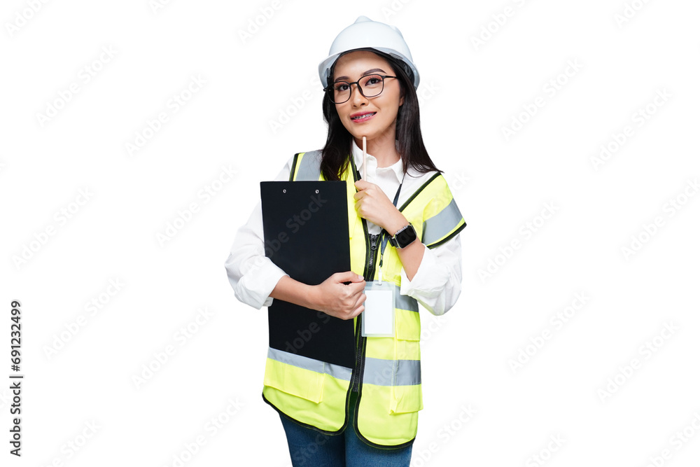 Young female architect wearing a helmet is carrying a folder isolated transparent Young female architect wearing a helmet is carrying a folder isolated transparent