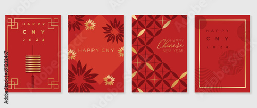 Chinese New Year card background vector. Year of the dragon design with golden chinese lantern, flower, frame. Elegant oriental illustration for cover, banner, website, calendar, envelope.
