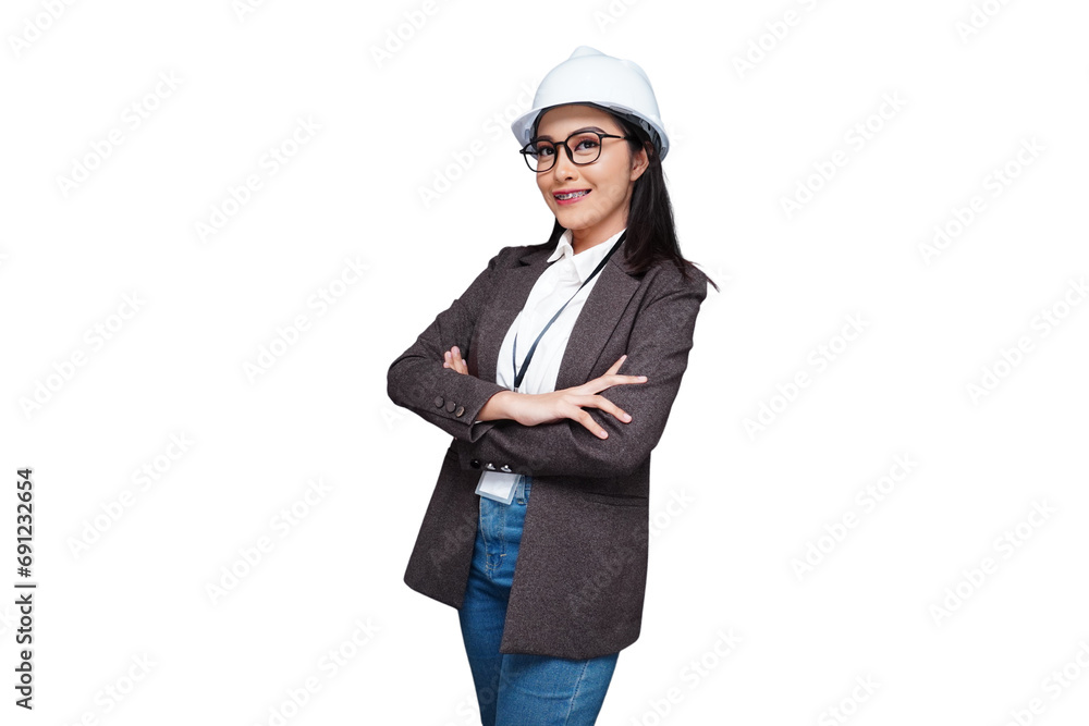 Beautiful female worker wearing a helmet crossing her arms over her chest isolated transparent Beautiful female worker wearing a helmet crossing her arms over her chest isolated transparent