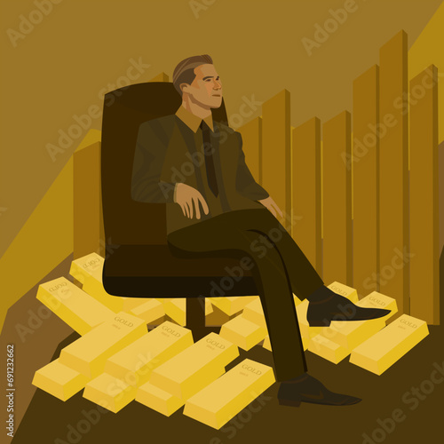 The businessman in the chair has many gold bars under the chair.