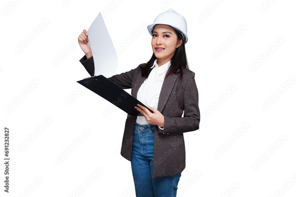 Young female worker wearing a helmet carrying a folder isolated transparent Young female worker wearing a helmet carrying a folder isolated transparent