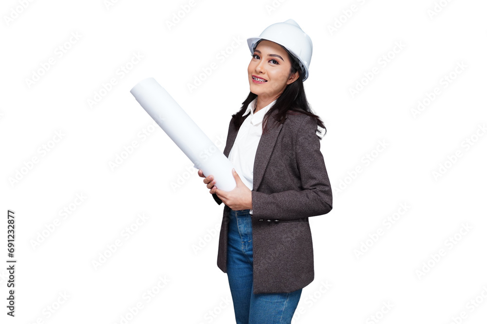 Young female employee wearing a helmet carrying a roll of paper isolated transparent Young female employee wearing a helmet carrying a roll of paper isolated transparent