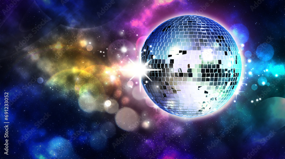 Obraz premium Shiny disco ball against color starry background with blurred lights, banner design and space for text. Bokeh effect