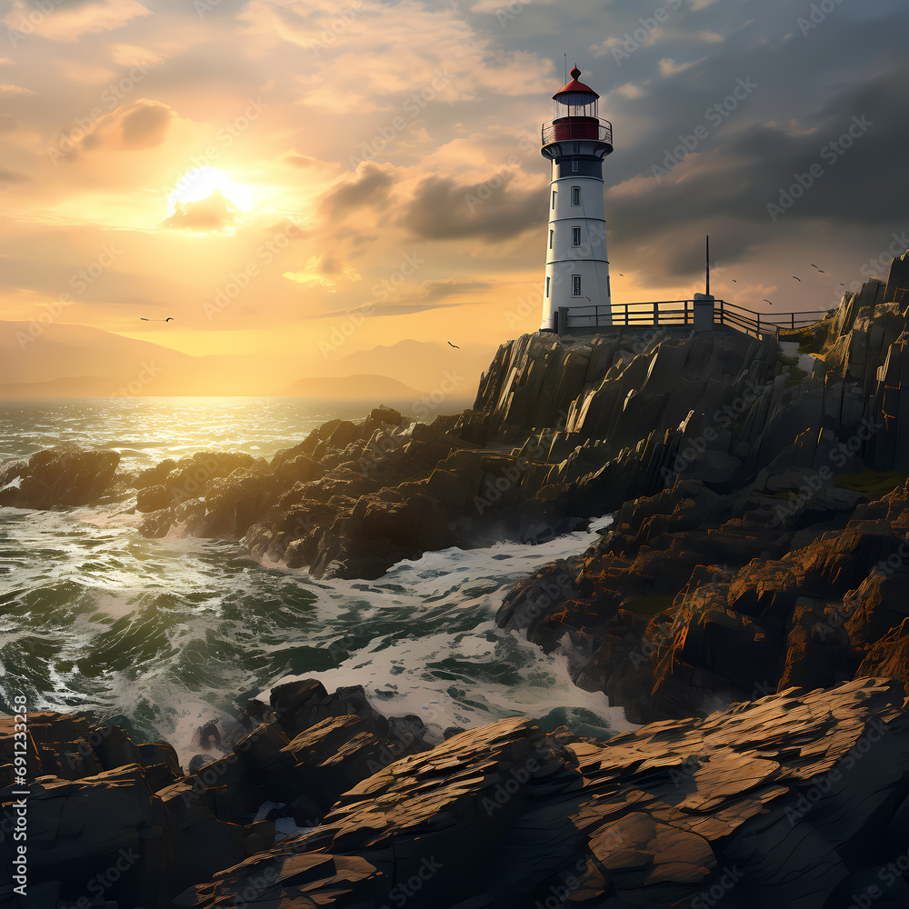 An old lighthouse on a rocky coastline