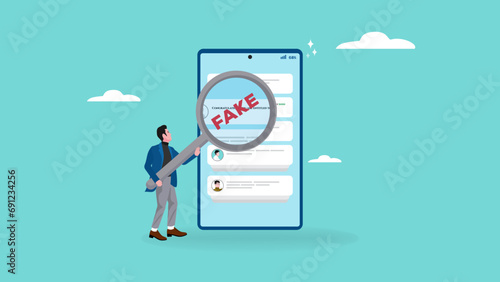 caution illustration with the concept of a businessman examining fraudulent messages using a magnifier, fraudulent messages concept, the lure of fake gifts concept illustration