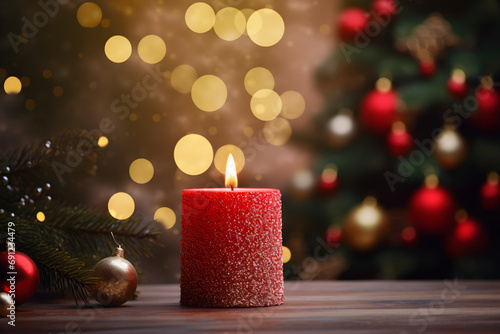 Christmas candle and decorations. Bokeh background.  © Dinusha