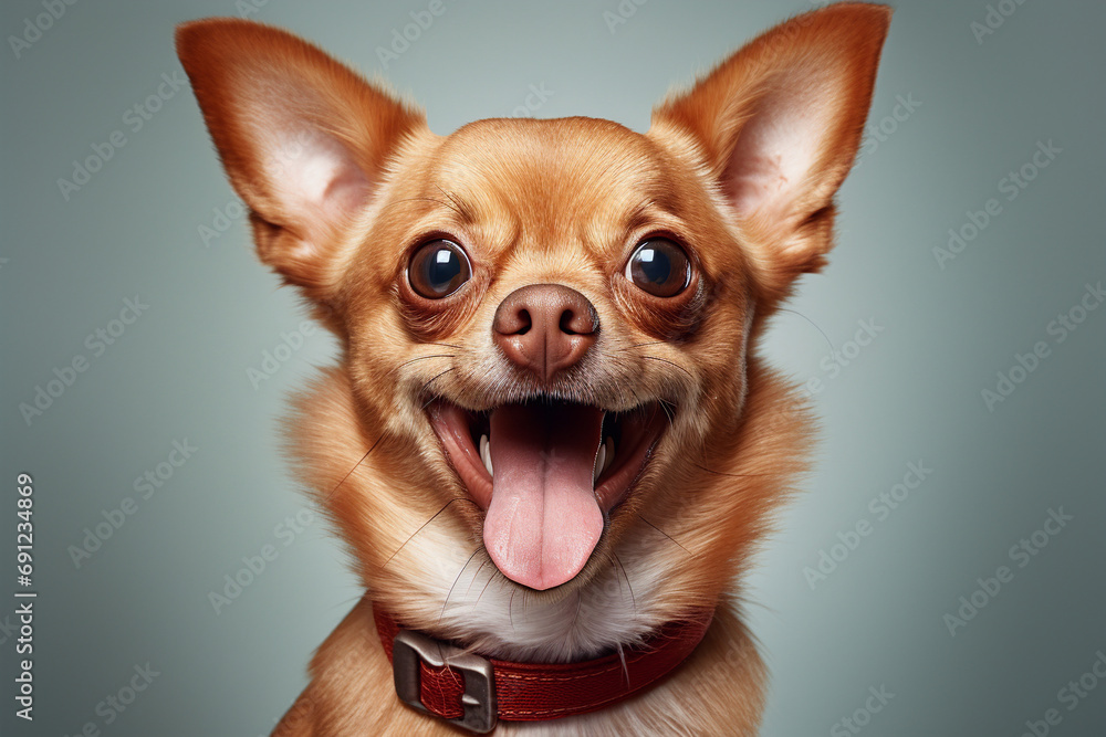 Obraz premium happy cute dog with his mouth wide open, pomeranian dog portrait. Studio photo. Day light. Concept of care, education, obedience training and raising pets