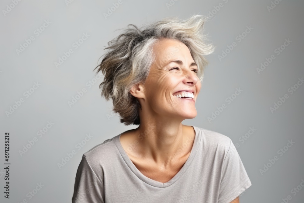 Portrait of happy mature woman laughing and looking up over grey background Portrait of happy mature woman laughing and looking up over grey background