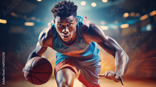 Portrait of afro american male basketball player with a ball over black background. Fit young man in sportswear holding basketball. © PaulShlykov