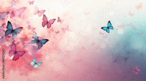 Springtime themed background illustration with butterflies and flowers on a blue and pink background with room for copyspace photo