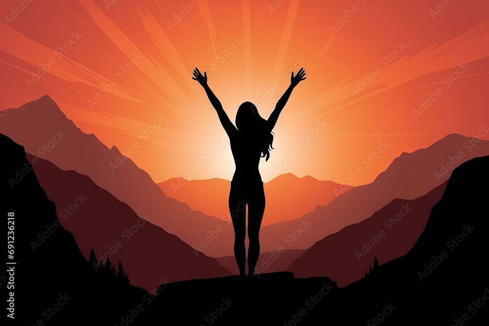 Minimalist illustration of a woman celebrating at the top of a mountain overlooking a valley in the style of an inspirational poster in orange hues