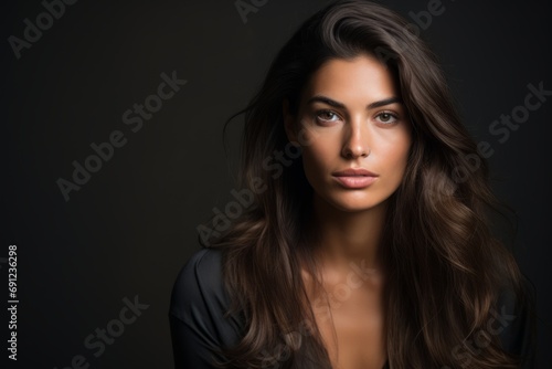 Portrait of a beautiful brunette woman on a dark background.