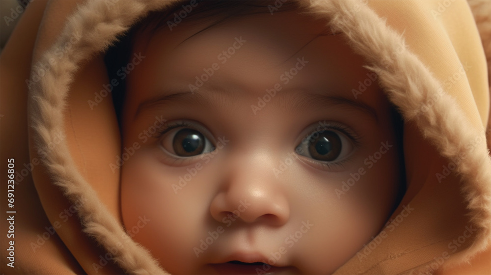 Portrait of a cute baby with big eyes wearing a peach-colored hood