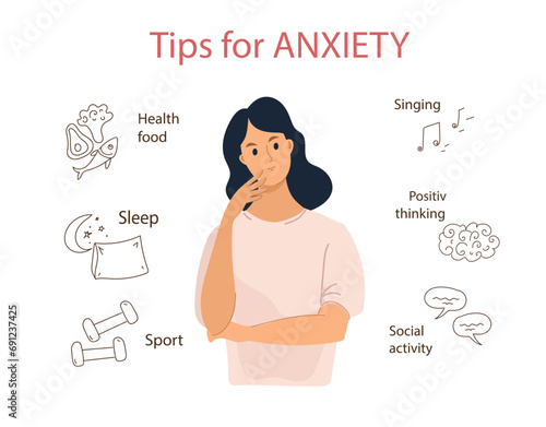 Tips for anxiety. A young woman listens to advice in a thoughtful pos with anxiety disorder. Mental health concept. Vector flat doodle line illustration.