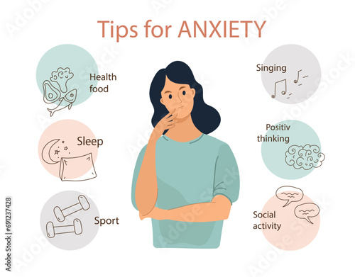 Tips for anxiety. A young woman listens to advice in a thoughtful pos with anxiety disorder. Mental health concept. Vector flat doodle line illustration.