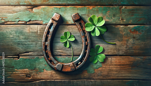 Fotografie, Tablou Old horseshoe,with clover leaf icons of Irish Patrick's day and good luck