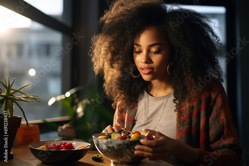  thoughtful African American woman eating fruit salad at home  healthy eating  self-care.