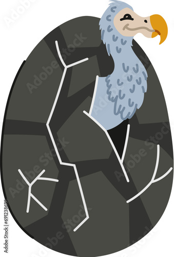 Prehistoric animal with beak and fur, isolated dinosaur in egg. Vector birdlike species from ancient times, reptile in shell. Dino character