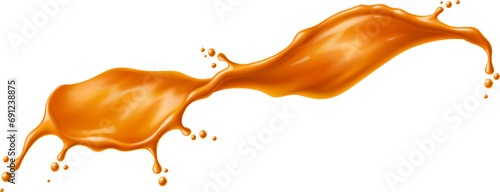 Caramel syrup swirl splash or sauce wave with drops of toffee cream, realistic vector. Sugar caramel sauce or candy wave flow spill with drops and splashes of sweet candy or toffee confection syrup photo