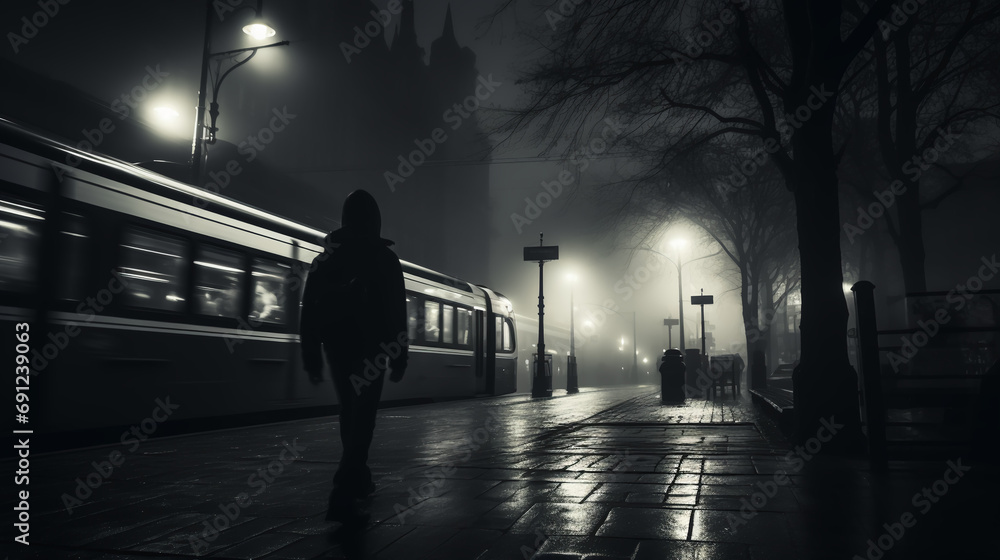 Train station - commute - black and white - monochrome - stylish - mysterious - subway - city  - obrazy, fototapety, plakaty 