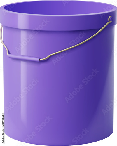 Realistic bucket, metal container and bin. Isolated 3d vector purple sturdy pail with a handle, used for carrying, storing, or transporting items, offer practicality in gardening or household tasks