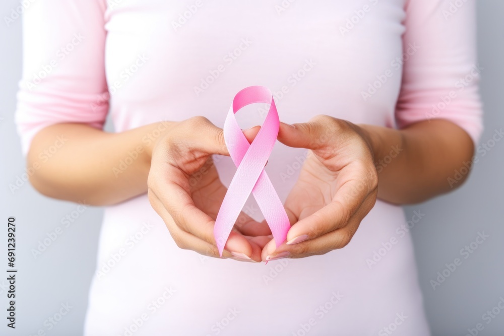 Close up of hands and pink cancer awareness ribbon. Generative AI. Close up of hands and pink cancer awareness ribbon. Generative AI.