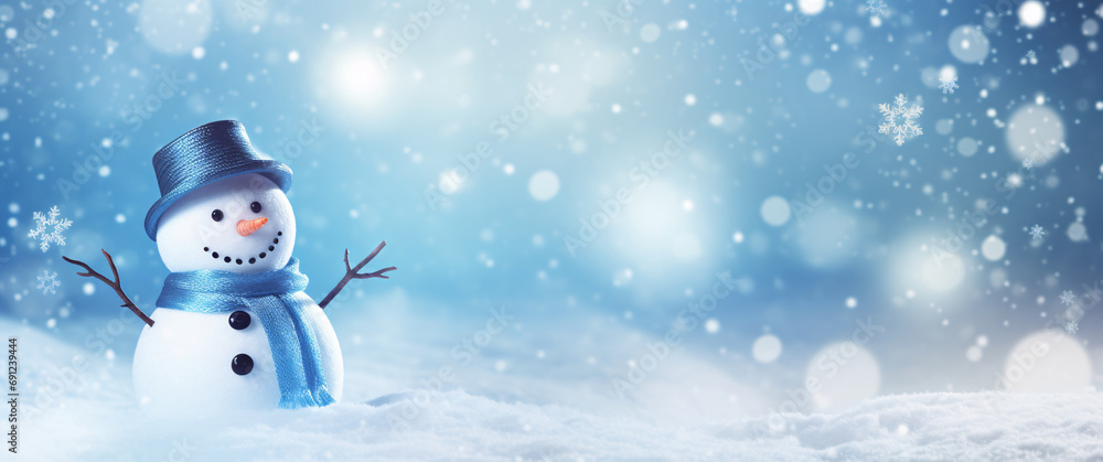 Fototapeta premium Snowman with blue hat and scarf on snow. Christmas background. created with generative AI